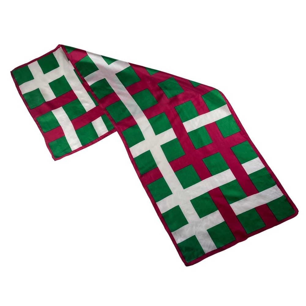 Vintage 80s Silk Scarf Geometric Lattice Red Green White Oblong Hand Rolled Hem